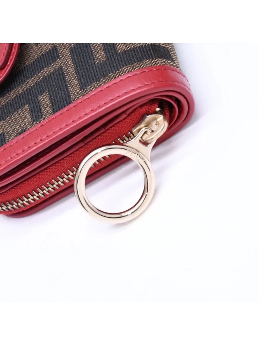 Fendi Compact Wallet Bifold Zucca Pattern Canvas Leather Brown Red Gold